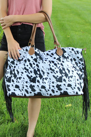 Black Fringe Cow Weekender Tote