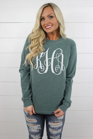 Long Sleeve Full Size Monogram Comfort Color Tee - Glittering Boutique